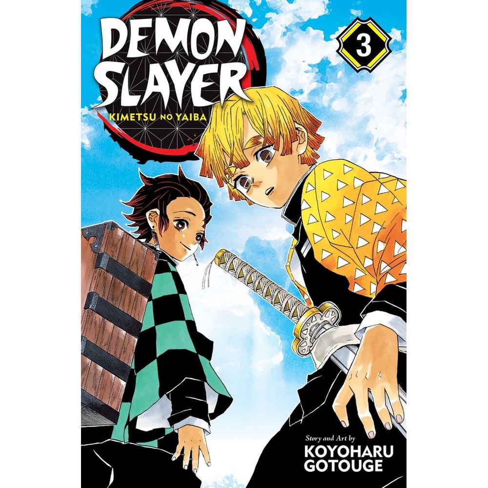 Cover of Demon Slayer Kimetsu No Yaiba Vol 3 manga book showing two anime characters, one with a green checkered haori, the other with yellow hair and a sword