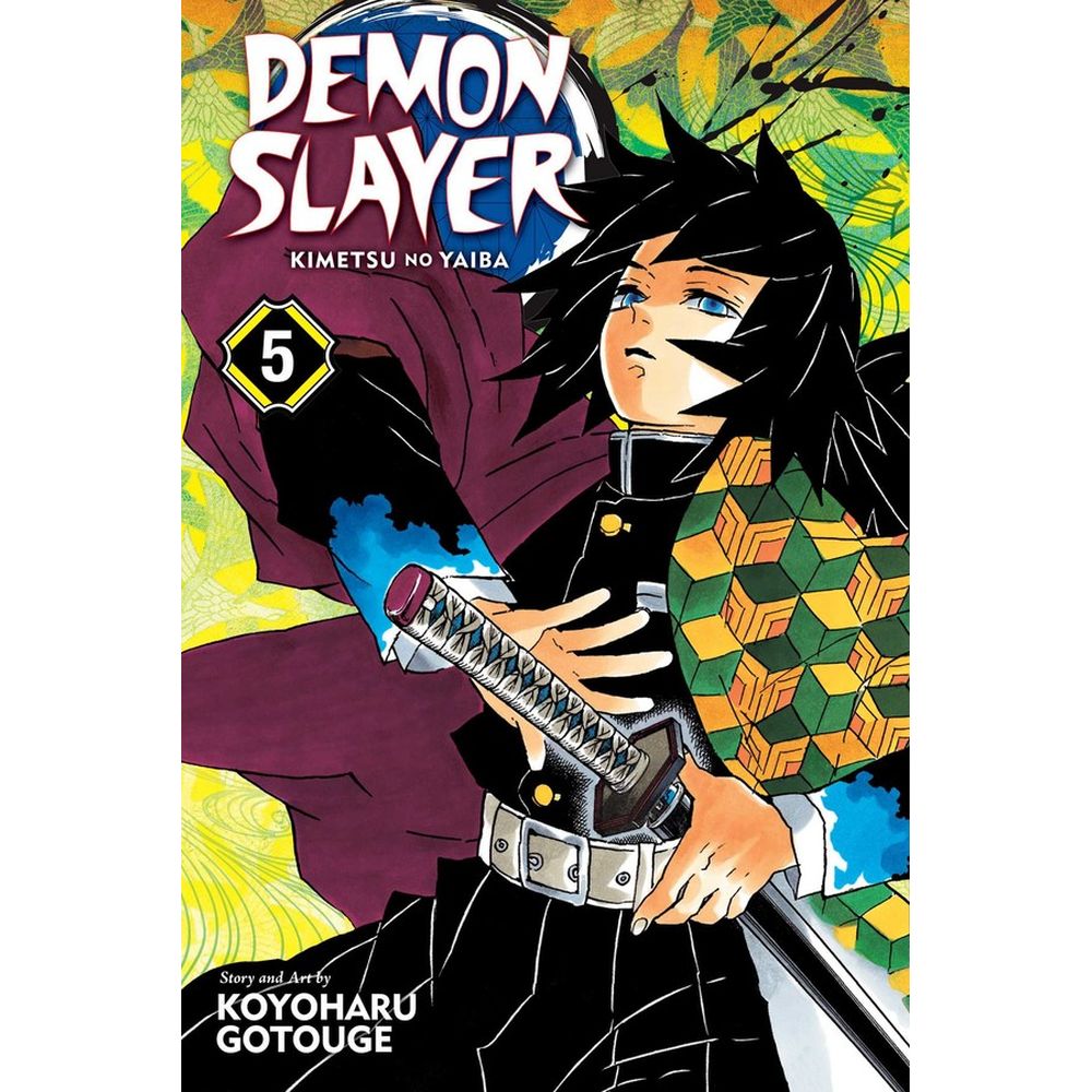 Demon Slayer Kimetsu No Yaiba Vol 5 manga book cover with a black-haired character in a patterned haori holding a sword