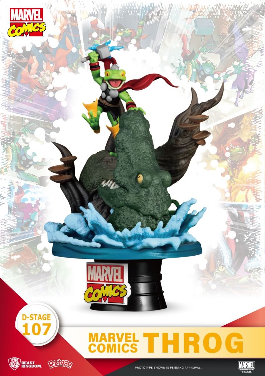 Marvel Comics D-Stage 107 Throg and Alligator Loki diorama statue with comic book backdrop