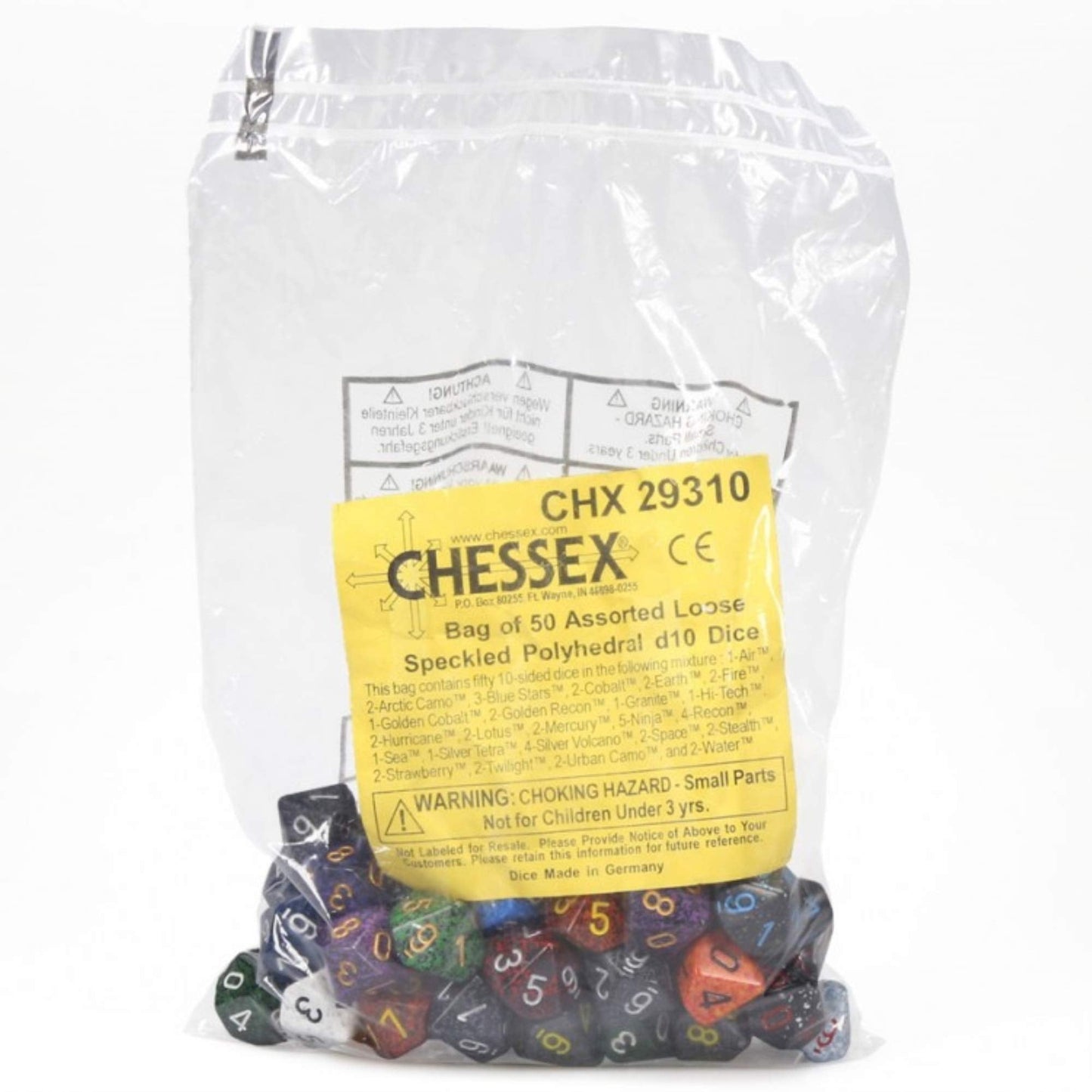 A clear plastic bag holds 50 assorted, colorful speckled d10 dice, with a yellow Chessex label