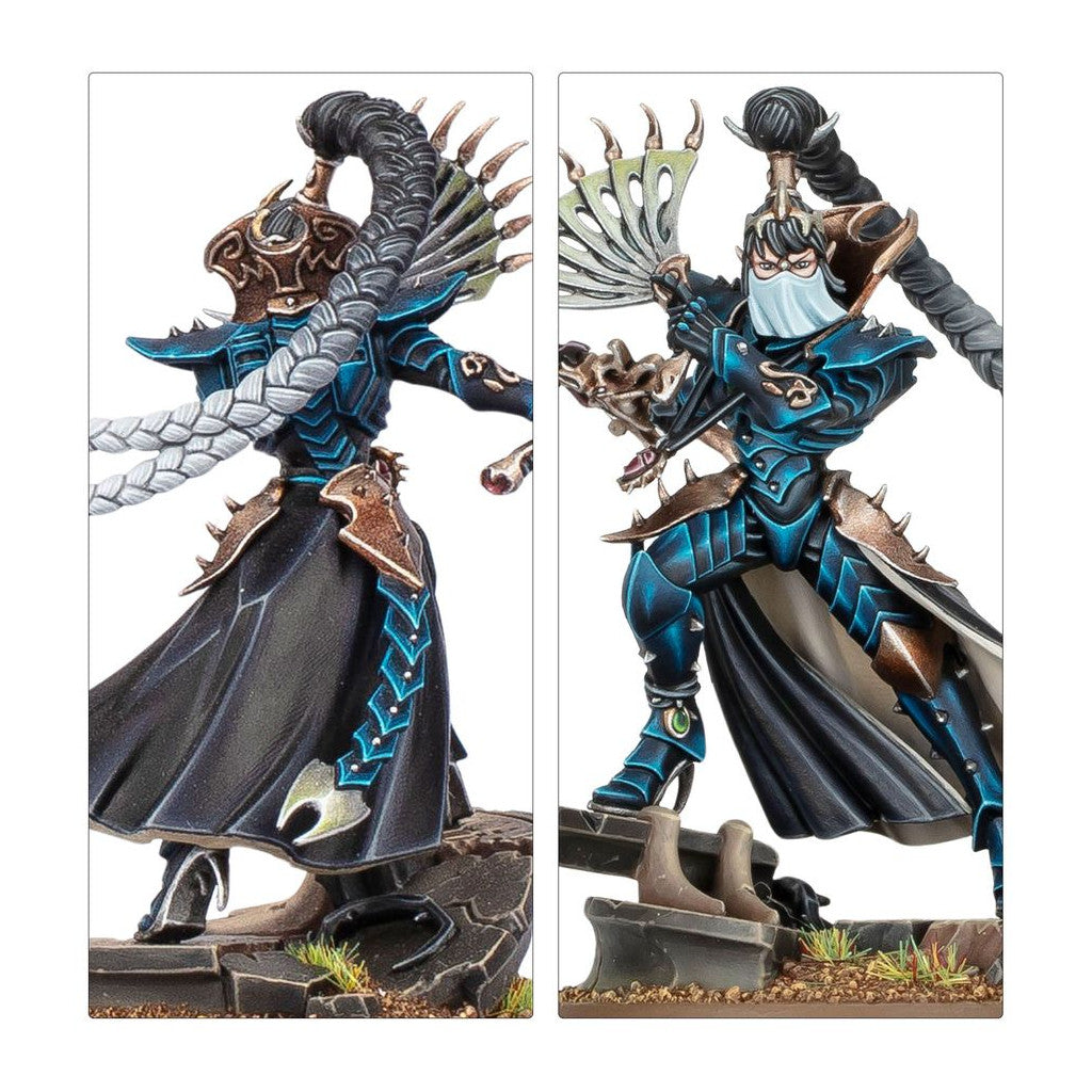 Two views of a dark elf miniature in ornate blue armor, wielding a fighting fan and wearing a face mask