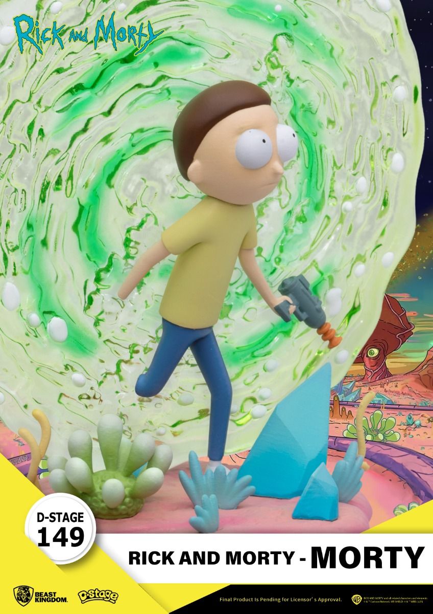 Rick and Morty D-Stage 149 statue featuring Morty with portal gun in front of a swirling green portal