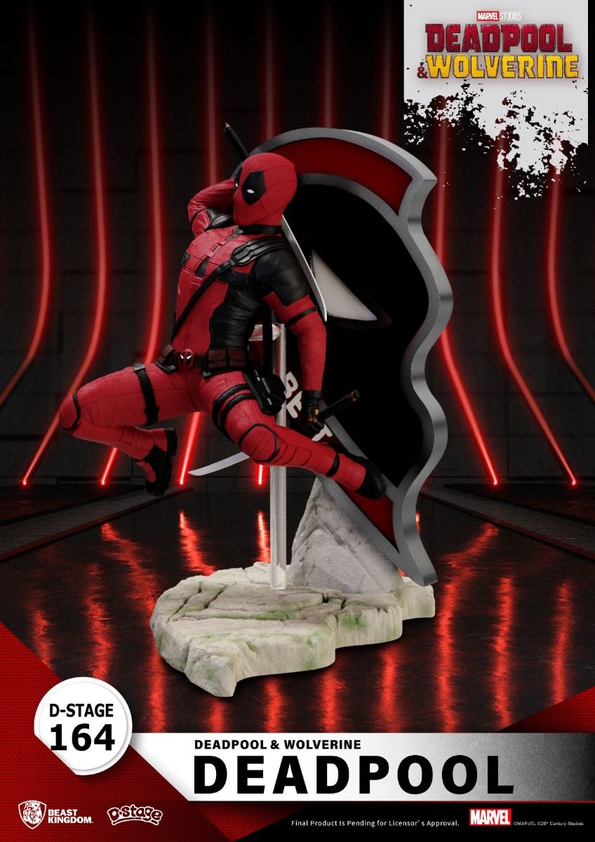 Dynamic Deadpool Wolverine figure features Deadpool in action pose with swords and large character logo base against red light background