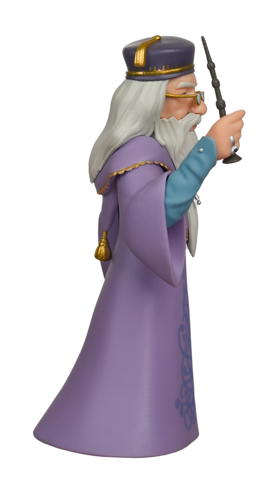 A MINIX Harry Potter Albus Dumbledore Figure in profile wears a purple robe with gold trim and holds a dark wand