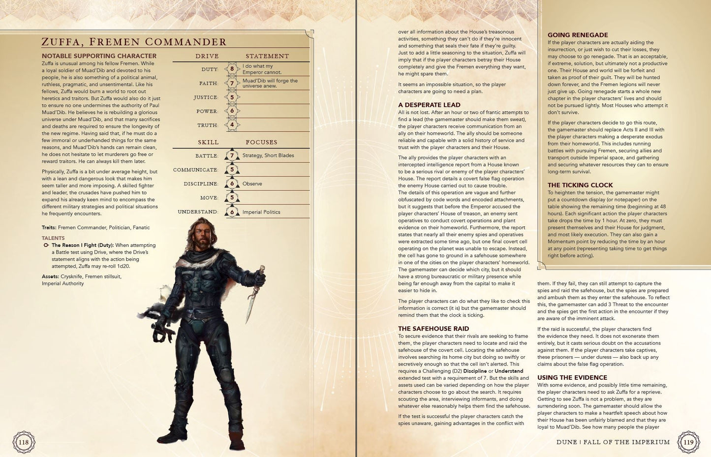 A page from the Modiphius Dune RPG Fall Of The Imperium Book showing a character profile, game text, and an illustration of a bearded man with a knife
