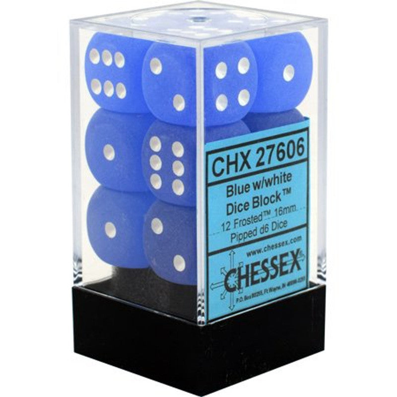 A clear box holds 12 blue frosted dice with white pips A product label for CHESSEX is visible