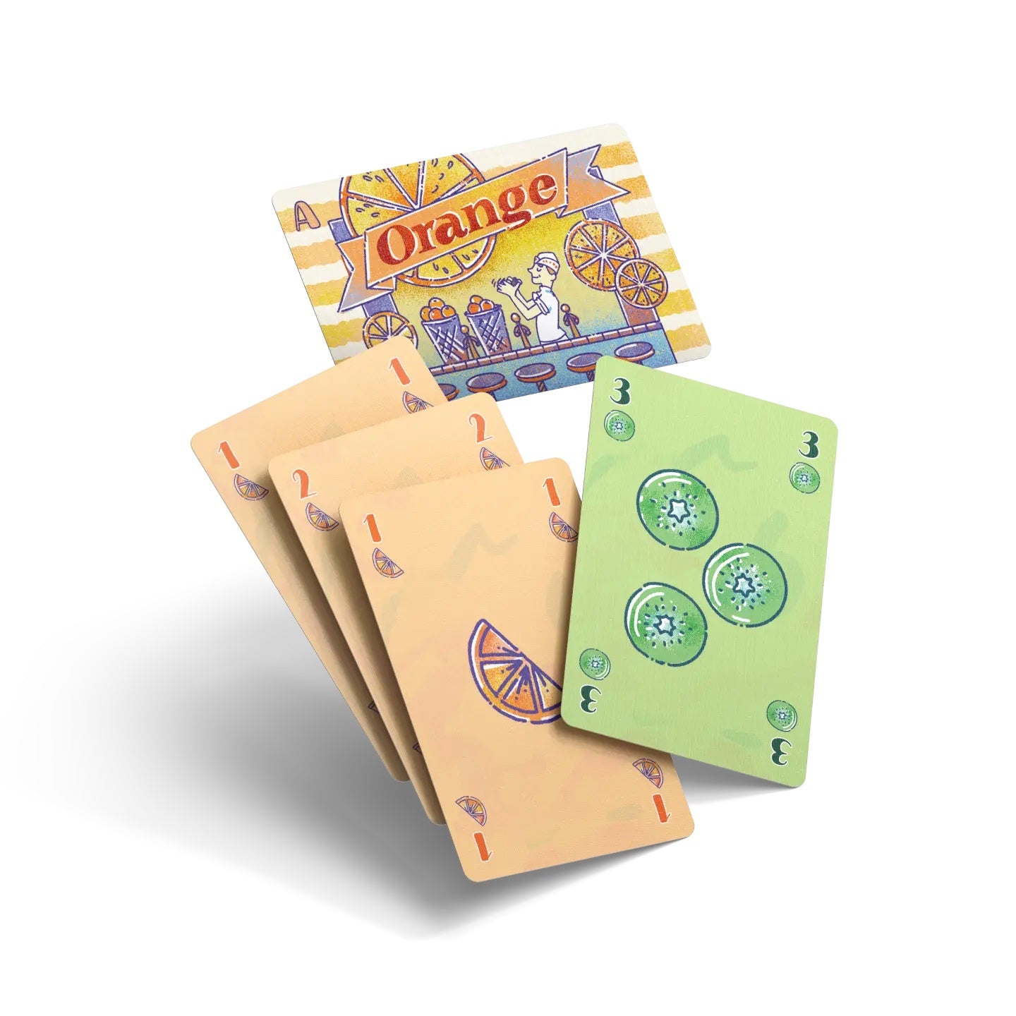 Fruit-themed card game components: An "Orange" title card, three orange slice cards, and one kiwi slice card