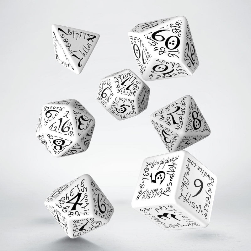 White polyhedral dice with black numbers and an unknown script tumble in mid-air.