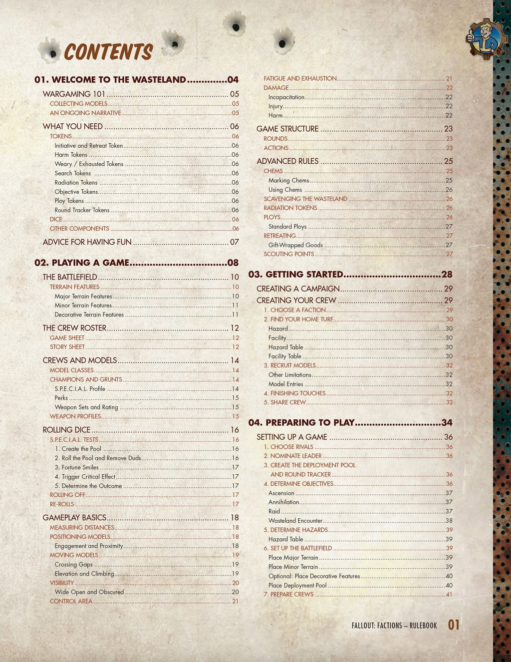 Table of Contents for the Fallout: Factions Rulebook (Page 01), listing sections like Wargaming 101 and Advanced Rules