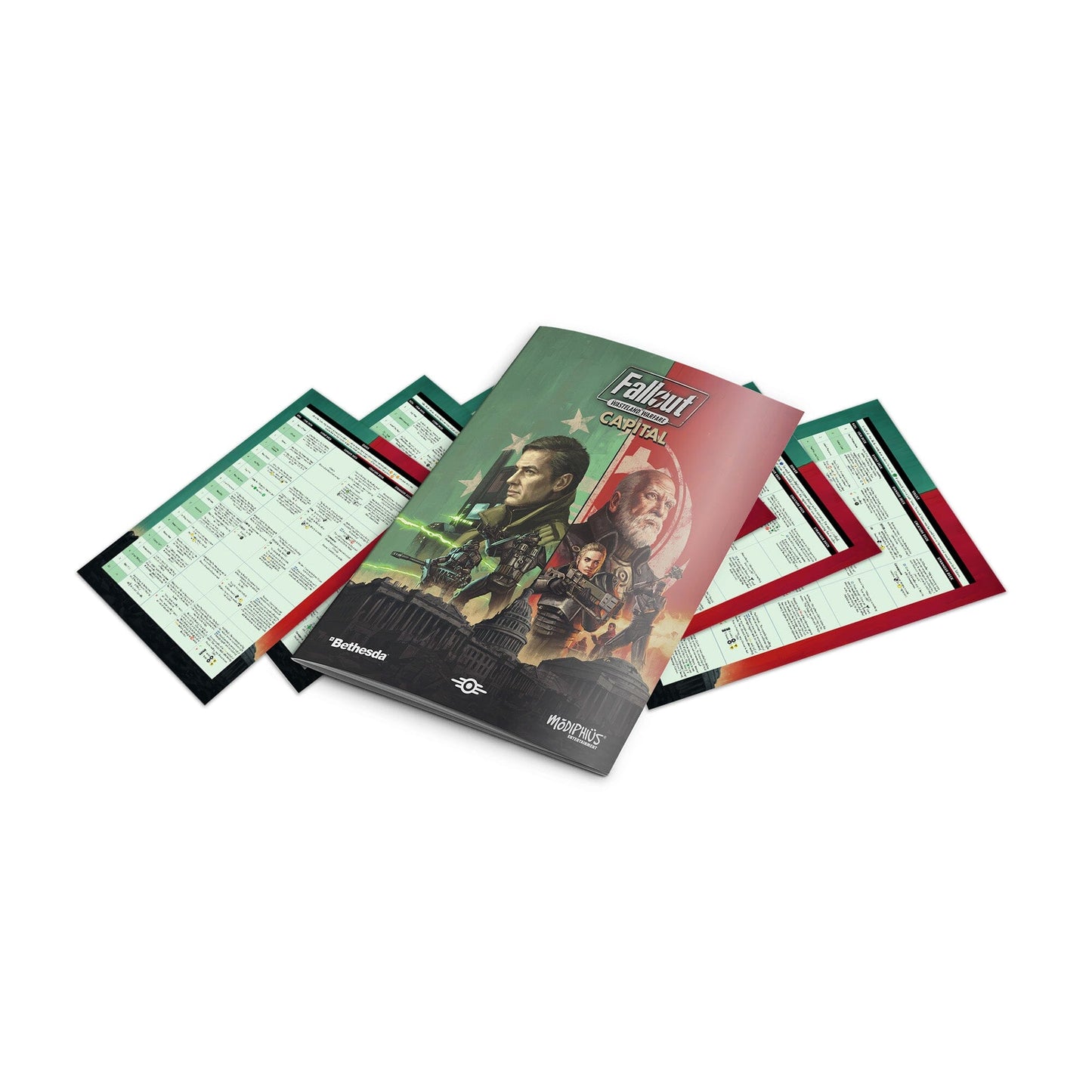 Fallout: Wasteland Warfare 'Capital' rulebook with character art on a green/red background, shown with game reference sheets