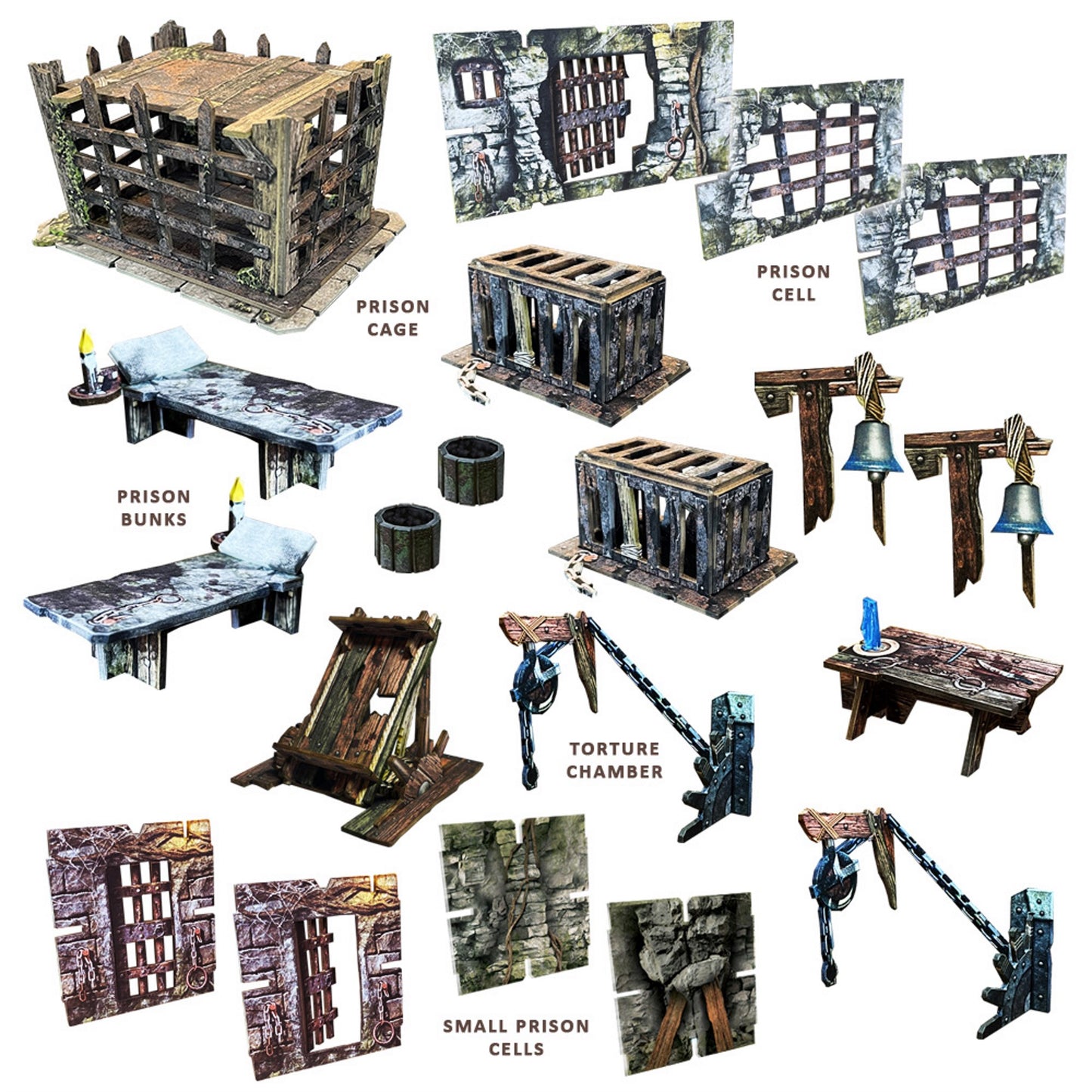 Miniature dungeon/prison props including cages, cell walls, bunks, torture devices, and various accessories