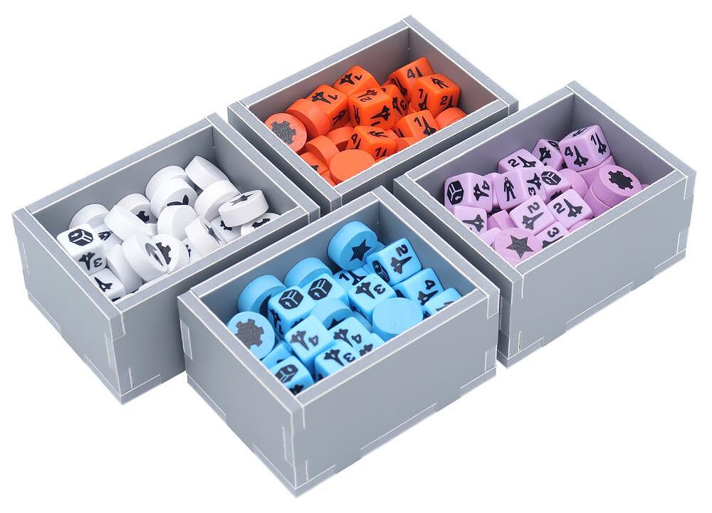 Board game token and dice trays in grey, orange, white, blue, and purple
