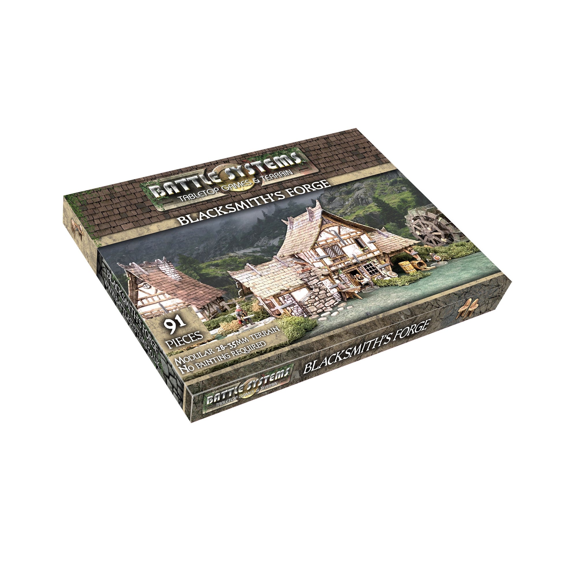 Product box for Battle Systems "Blacksmith's Forge" terrain, featuring a detailed miniature medieval forge with watermill.