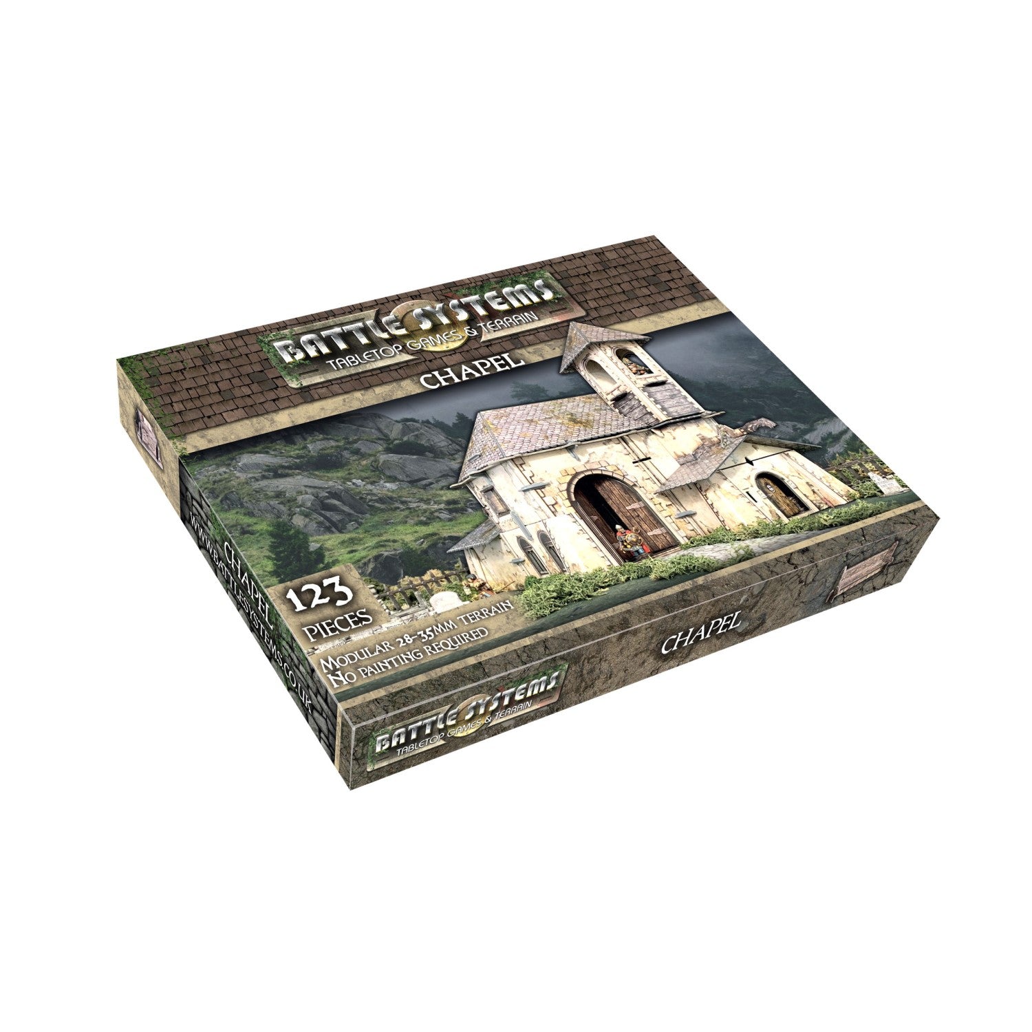 A Battle Systems Chapel tabletop terrain box, showing a detailed miniature chapel with a bell tower on its cover.