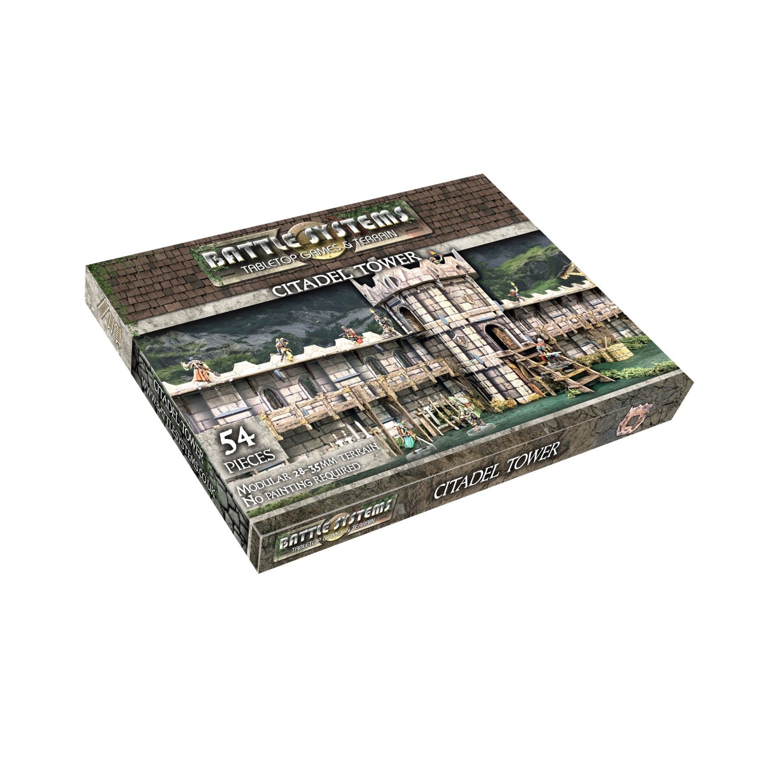 A box for "Battle Systems Citadel Tower" tabletop terrain, featuring a modular stone tower with miniature figures.