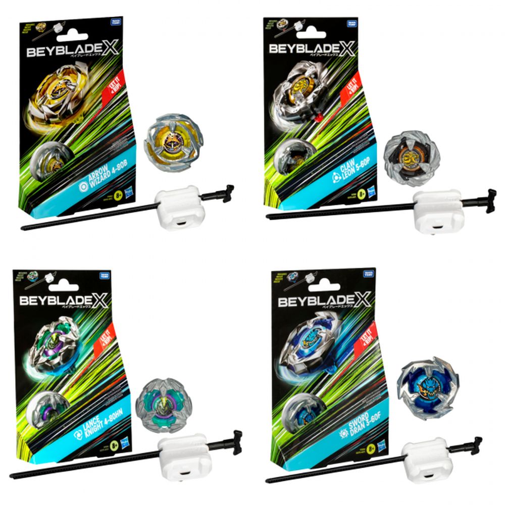 Four distinct Beyblade X toy sets are displayed, each with a spinning top, its packaging, and a launcher.