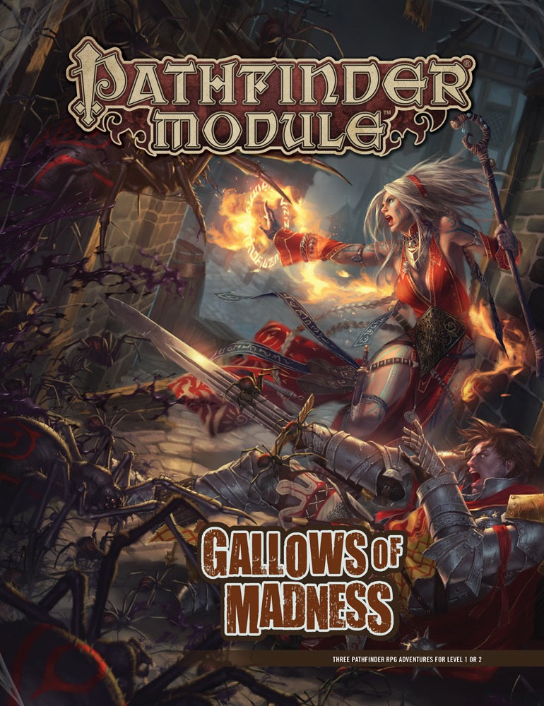 Pathfinder Module: Gallows of Madness cover. A fiery female spellcaster battles giant spiders attacking a fallen knight.