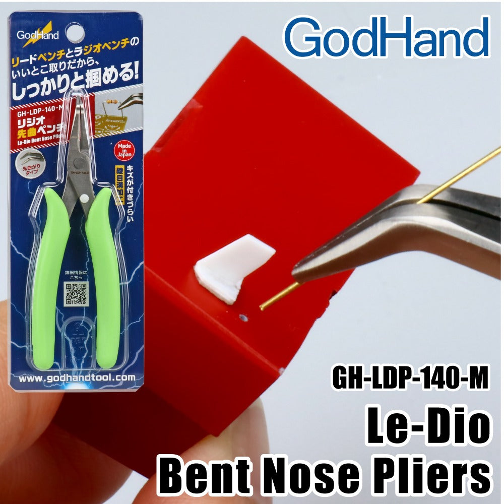 GodHand Bent Nose Pliers with green handles, holding a thin gold wire