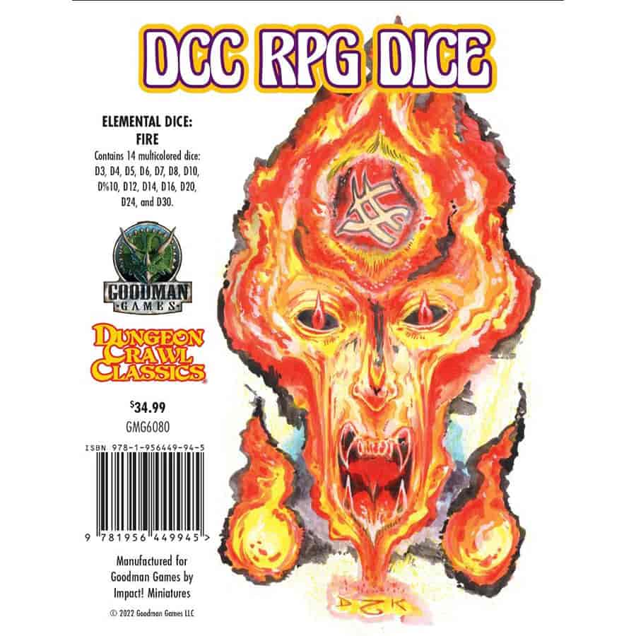 DCC RPG Dice: Elemental Dice Fire box, features a fiery, screaming demonic face with glowing eyes