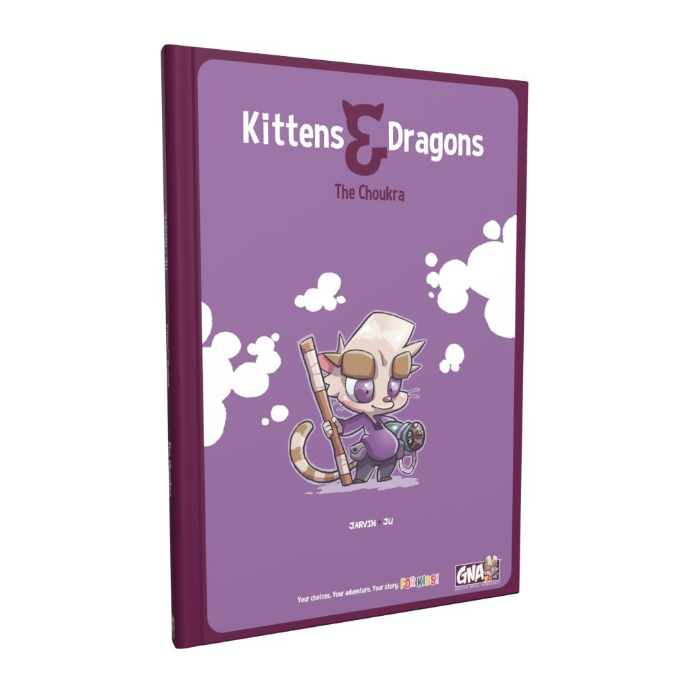 A purple book titled Kittens & Dragons - The Choukra, displaying a cat-like creature with a staff and white clouds