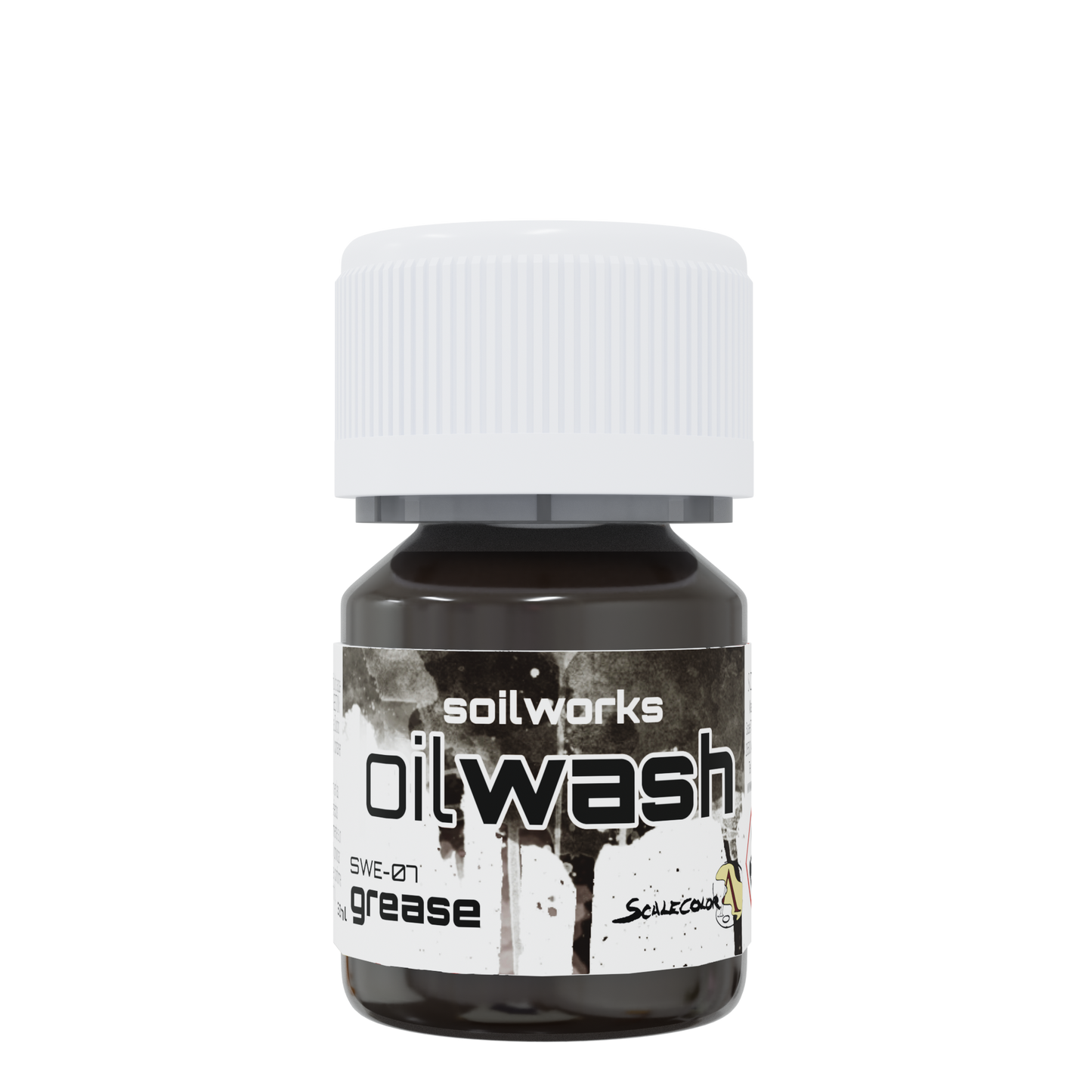 A small dark bottle of Soilworks Oilwash "grease" product, with a white ribbed cap and a grunge-style label.