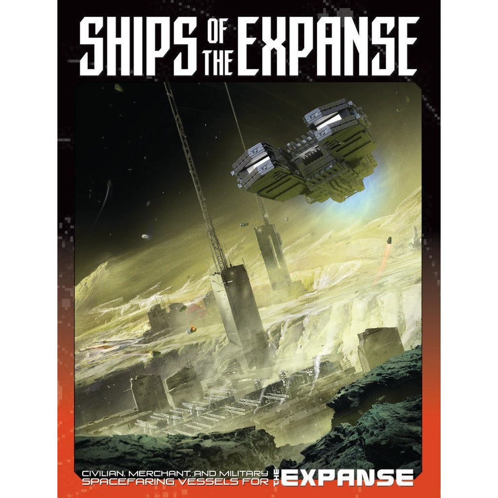 A large, blocky spaceship hovers above a yellowish planet with towering space elevators and a futuristic city