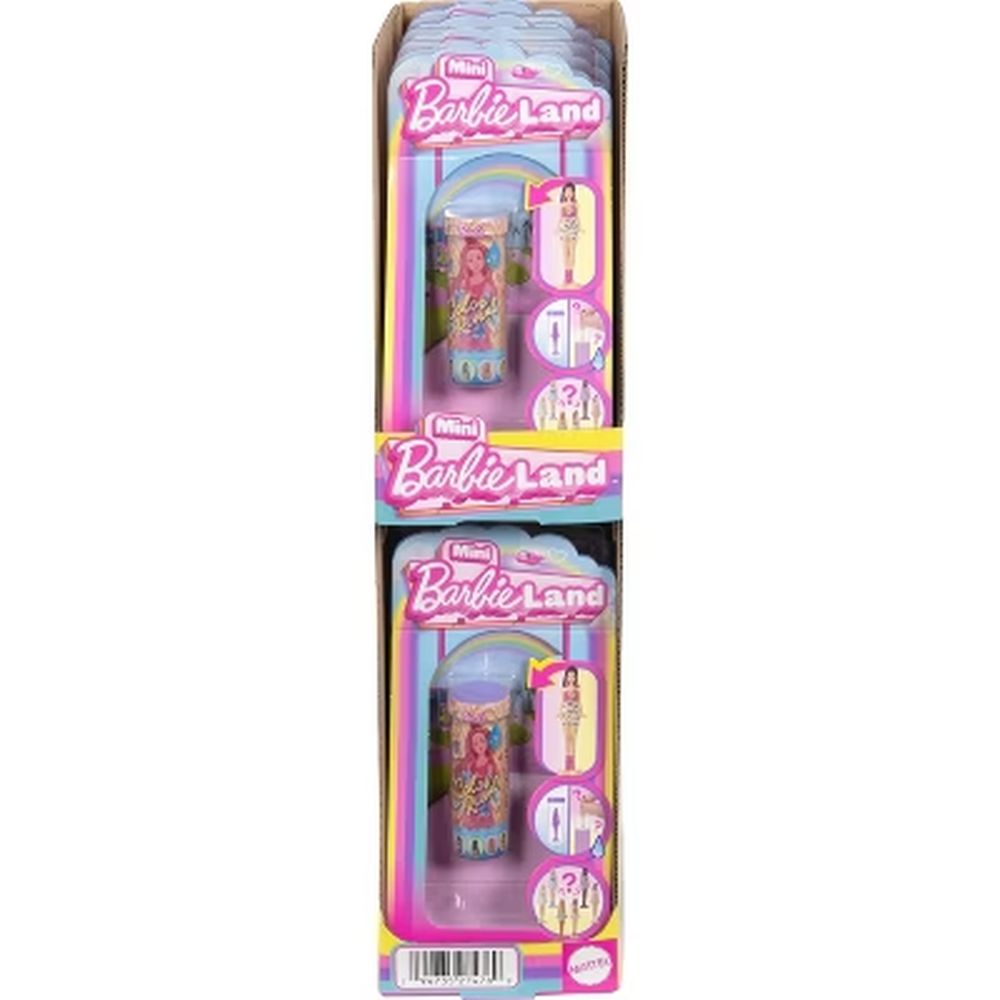 Colorful retail display of 'Mini Barbie Land' surprise doll sets, each featuring a doll in a clear capsule