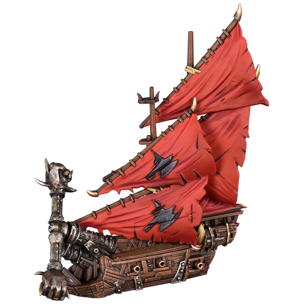 Kings of War Armada Orc Booster Fleet, The Blinder orc warship with torn red sails