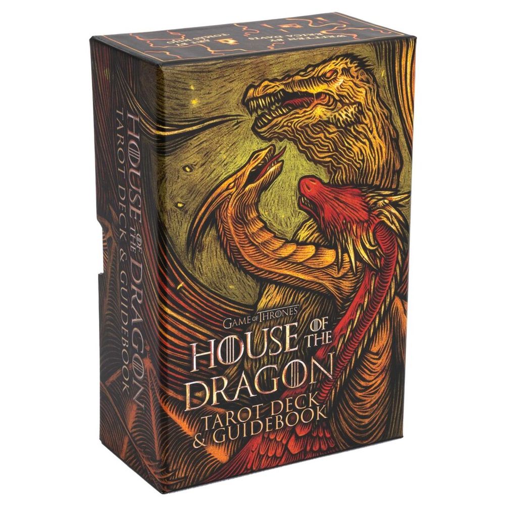 A House of the Dragon tarot box featuring a golden dragon roaring above a smaller red dragon