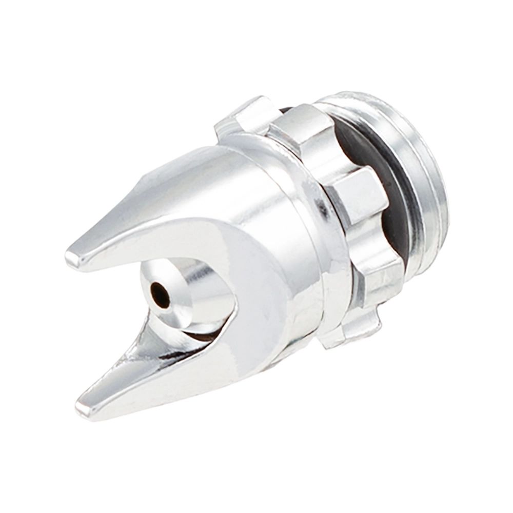 Chrome airbrush air cap with two prongs, a central opening, and a threaded base