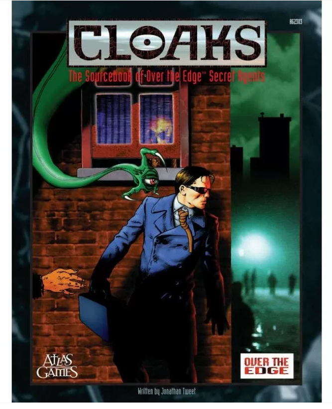 CLOAKS cover: Man in trench coat and sunglasses holds a briefcase. A green creature peeks from a window; shadowy figures on a foggy street