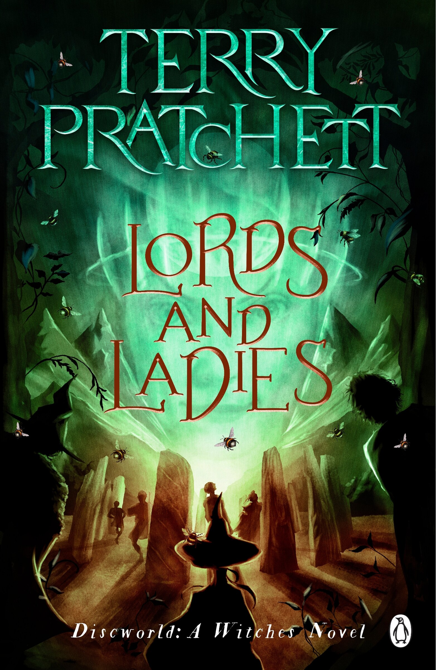 Terry Pratchett's 'Lords and Ladies': Silhouettes of witches in a glowing, mystical stone circle