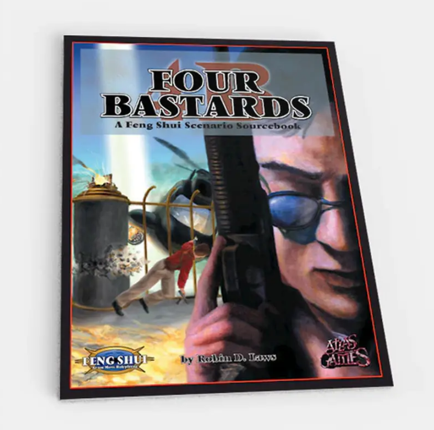 Cover for 'Four Bastards' sourcebook. Man in sunglasses aims rifle, another person falls in an industrial scene