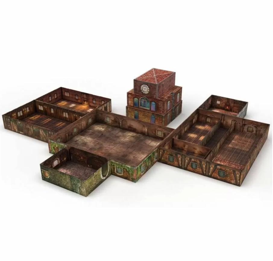 Modular tabletop game terrain set depicting a fantasy town, with a central clock tower and various detailed room sections