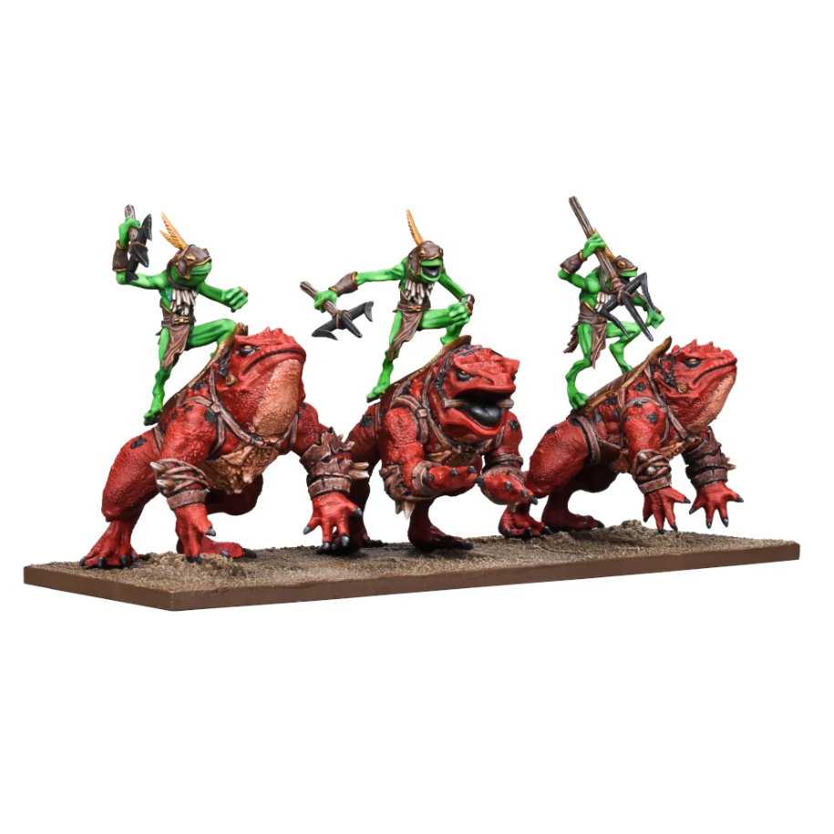 Three fantasy miniatures: green goblins riding large red armored toad creatures on a display base, posed for battle