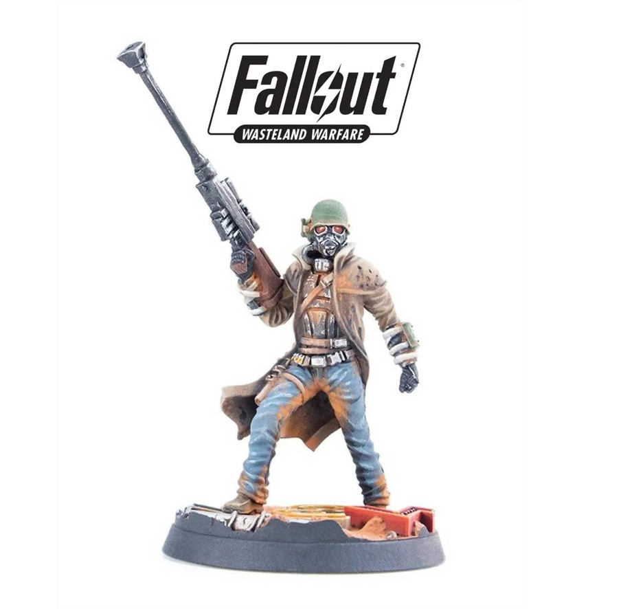 Fallout Wasteland Warfare miniature: A soldier in a gas mask, helmet, and trench coat, holding a long rifle.