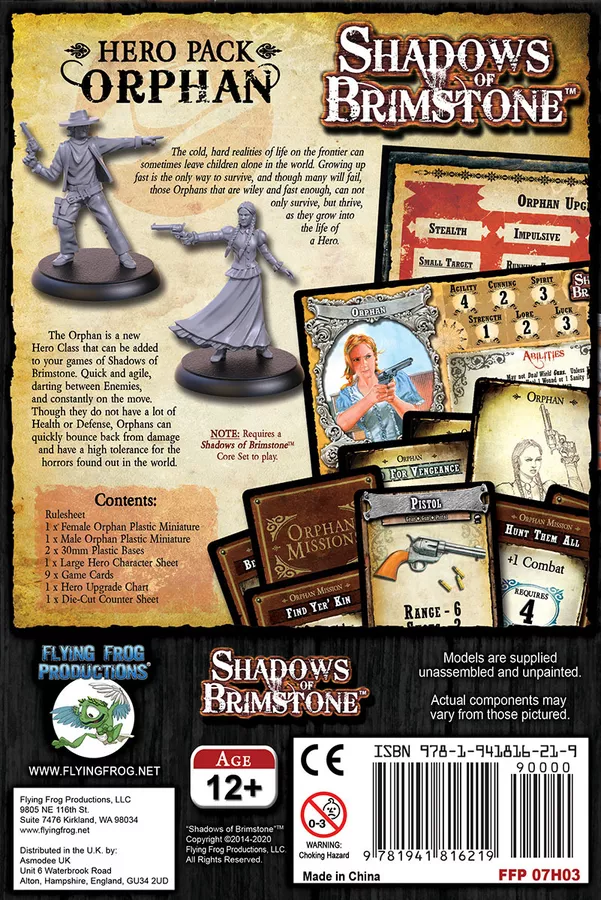 Shadows of Brimstone: Orphan Hero Pack box back. Features male & female unpainted miniatures with pistols, and game cards