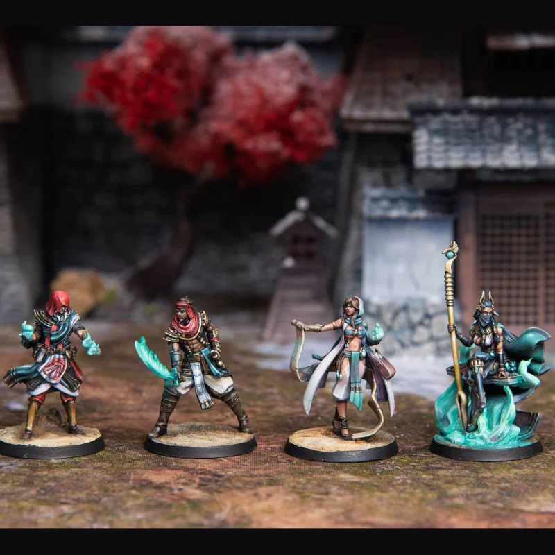 Four detailed fantasy miniature figures, two male & two female, with glowing weapons & magic, set against a blurred temple garden