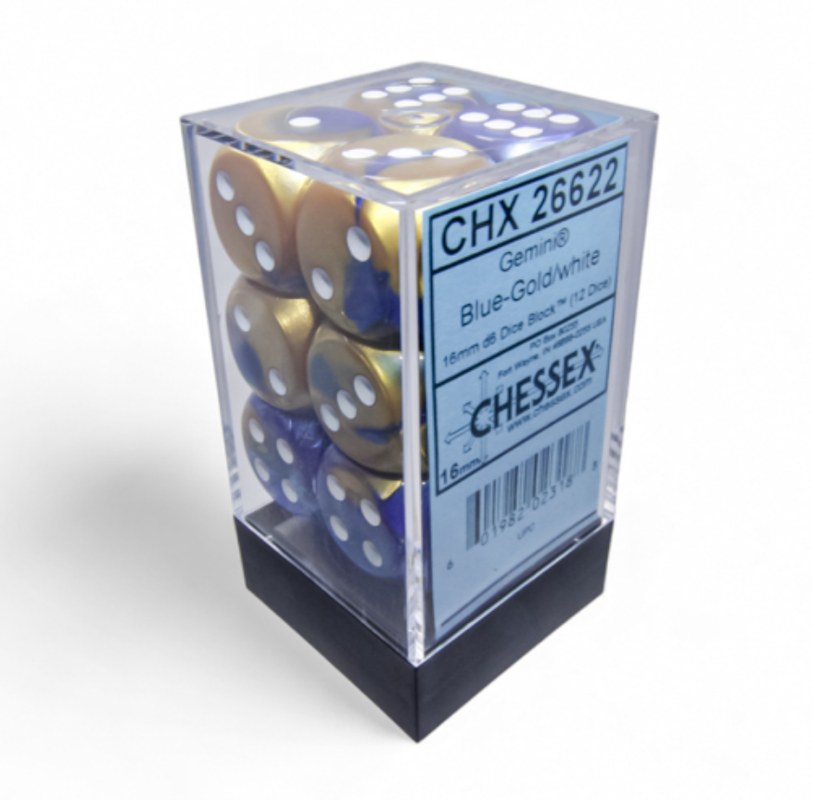 A clear container filled with 12 Chessex Gemini blue-gold swirled d6 dice with white pips