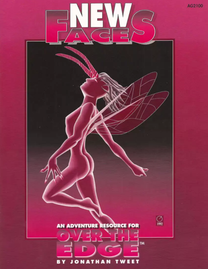 New Faces cover: Pink-skinned female with veined wings and antennae floats upward against a dark background