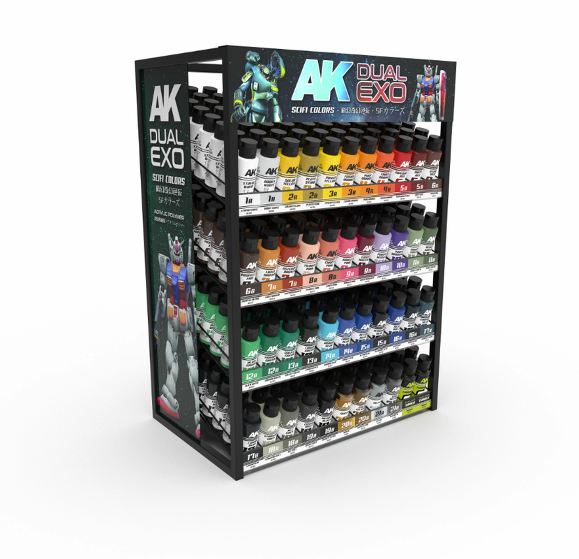 A black retail display stand showcases rows of colorful AK DUAL EXO SciFi Colors hobby paints, with robot graphics