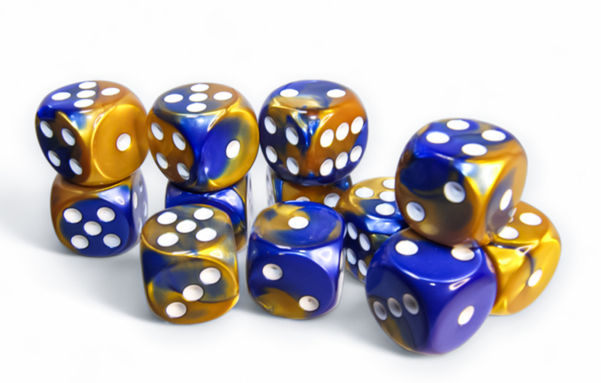 A cluster of blue and gold swirled dice with white pips on a white background