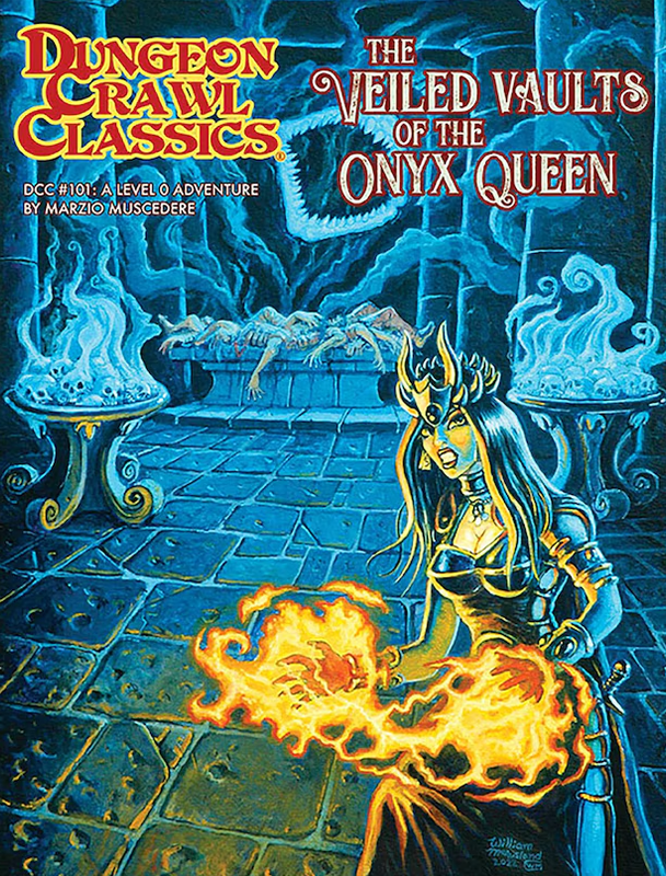 Dungeon Crawl Classics cover: The Onyx Queen, a dark-haired sorceress with a crown, casts fire in a gloomy dungeon with draped bodies on a stone slab and skull-adorned blue flaming altars