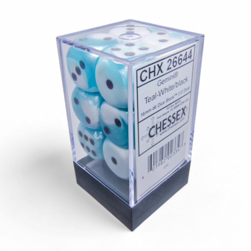 A clear plastic block holds 12 teal and white swirled dice with black pips, on a white background