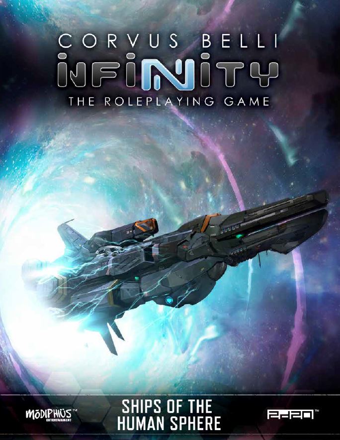 Infinity RPG cover: A detailed sci-fi warship with glowing engines speeds through a swirling blue and purple warp tunnel. Text: "Ships of the Human Sphere"