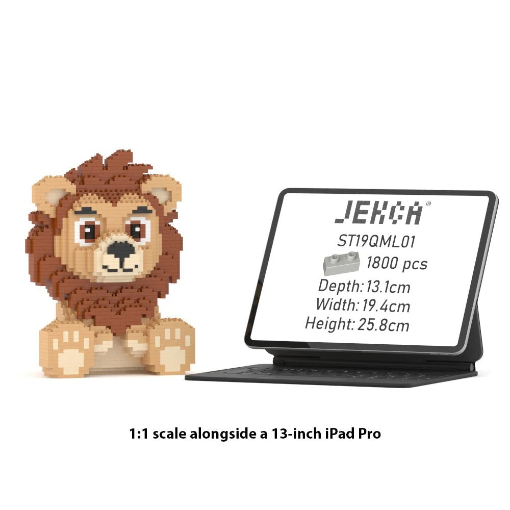 Brick lion figurine displayed next to a 13-inch iPad Pro for size comparison
