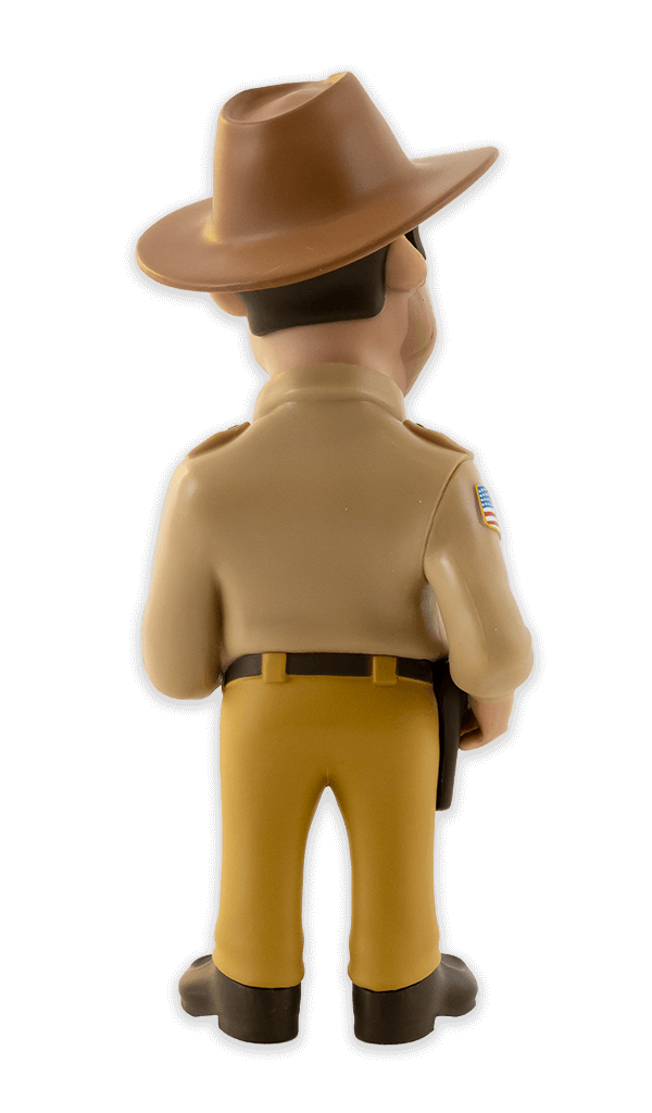 Back view of Minix Stranger Things Hopper vinyl figure in police uniform holding a white coffee mug with a name tag and badge detail