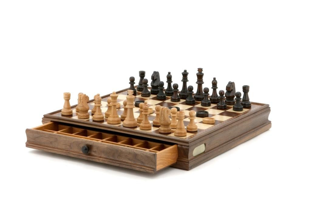 Dal Rossi Chess Checkers Walnut Box with Drawers and Chess Piece Compartments 15? - Good Games