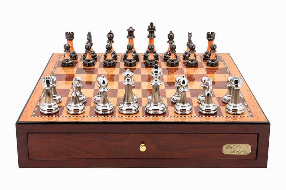 Dal Rossi Italy Red Mahogany Finish chess box with compartments 18inch with Staunton Metal/Marble Finish Chessmen - Good Games