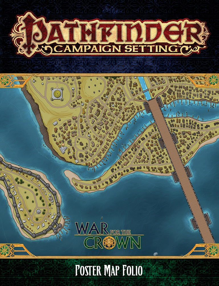 Pathfinder Campaign Setting: War for the Crown Poster Map. Fantasy map shows a coastal city, fortified island, and bridge